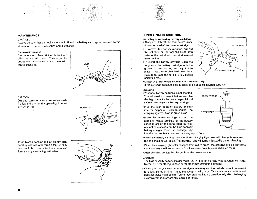 Makita UM104D dimensions Maintenance, Installing or removing battery cartridge, Blade maintenance, Charging 
