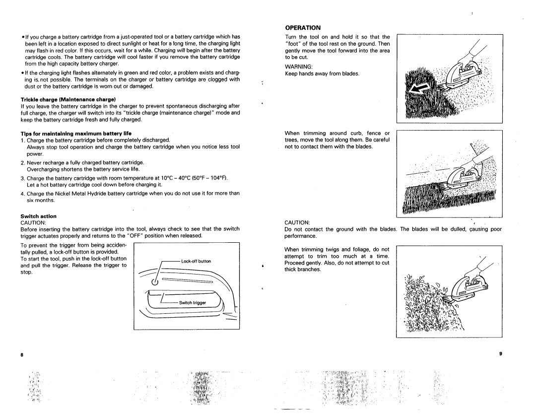 Makita UM104D Operation, Trickle charge Maintenance charge, Tips for maintaining maximum battery life, Switch action 