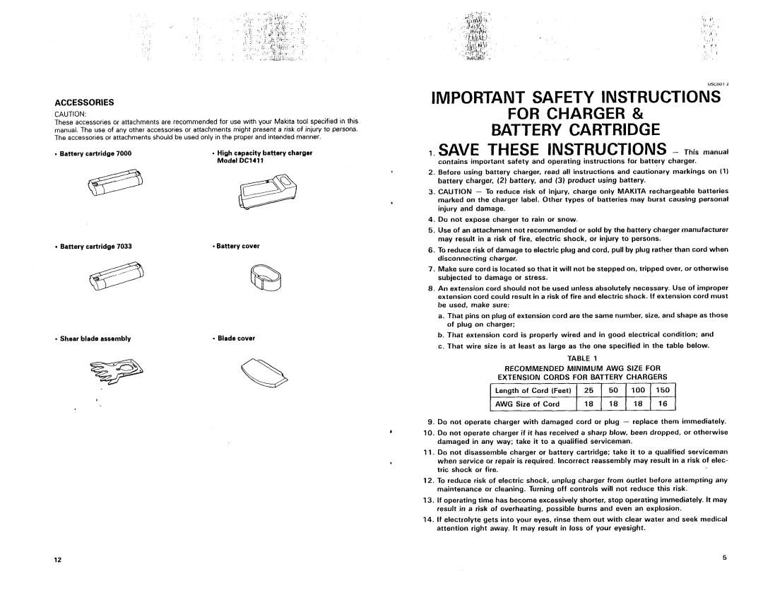 Makita UM104D Accessories, Important Safety Instructions, BATTERY CARTRIDGE 1 . SAVE THESE INSTRUCTIONS - This manual 
