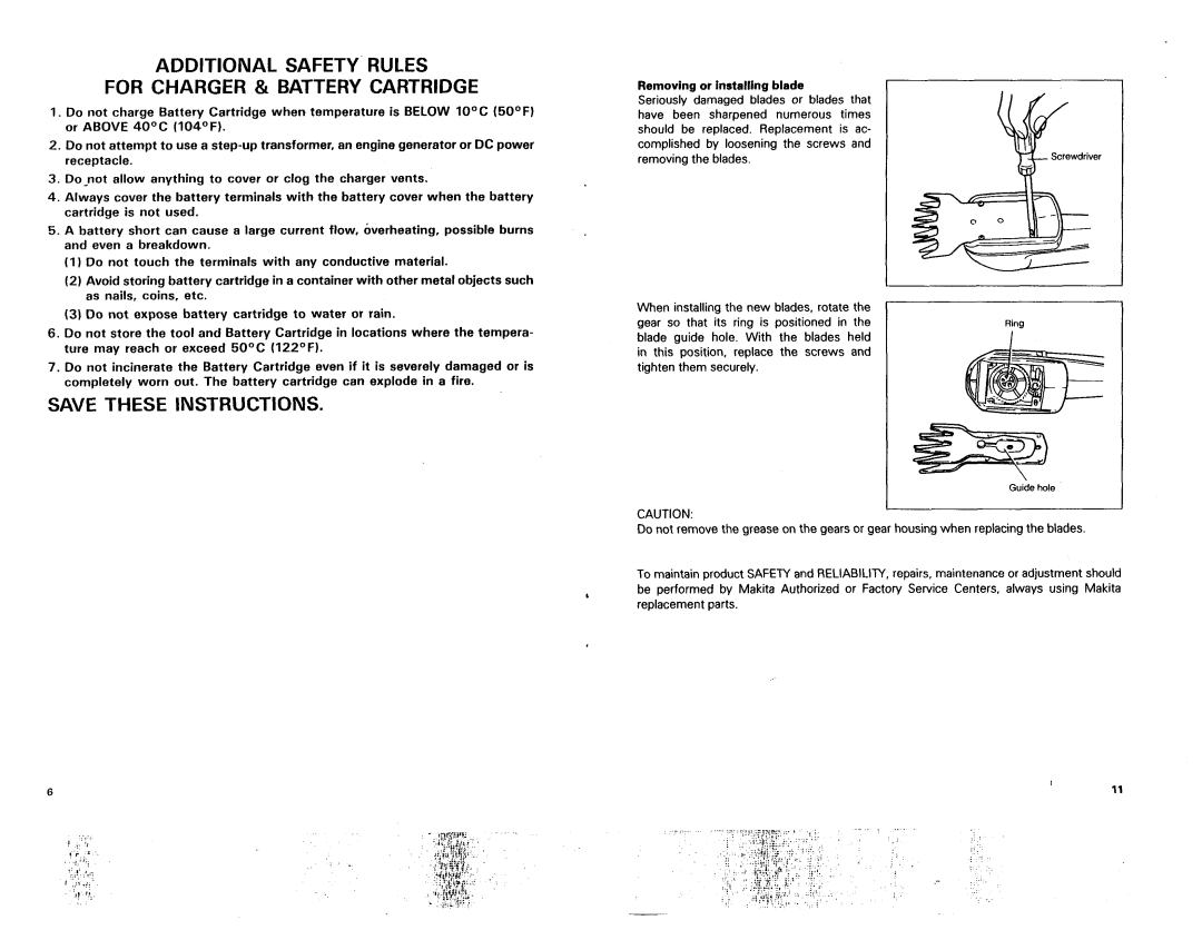 Makita UM104D dimensions Additional Safety Rules For Charger & Battery Cartridge, Save These Instructions 