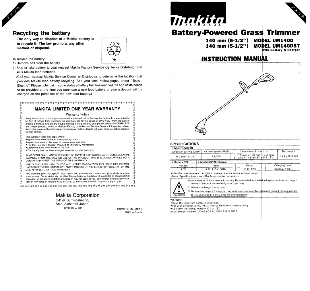 Makita UM140DST manual BatterylPowered Grass Trimmer 