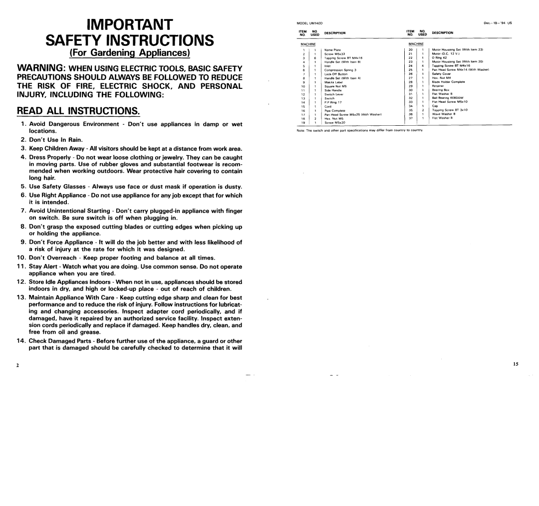 Makita UM140DST manual Safety Instructions 