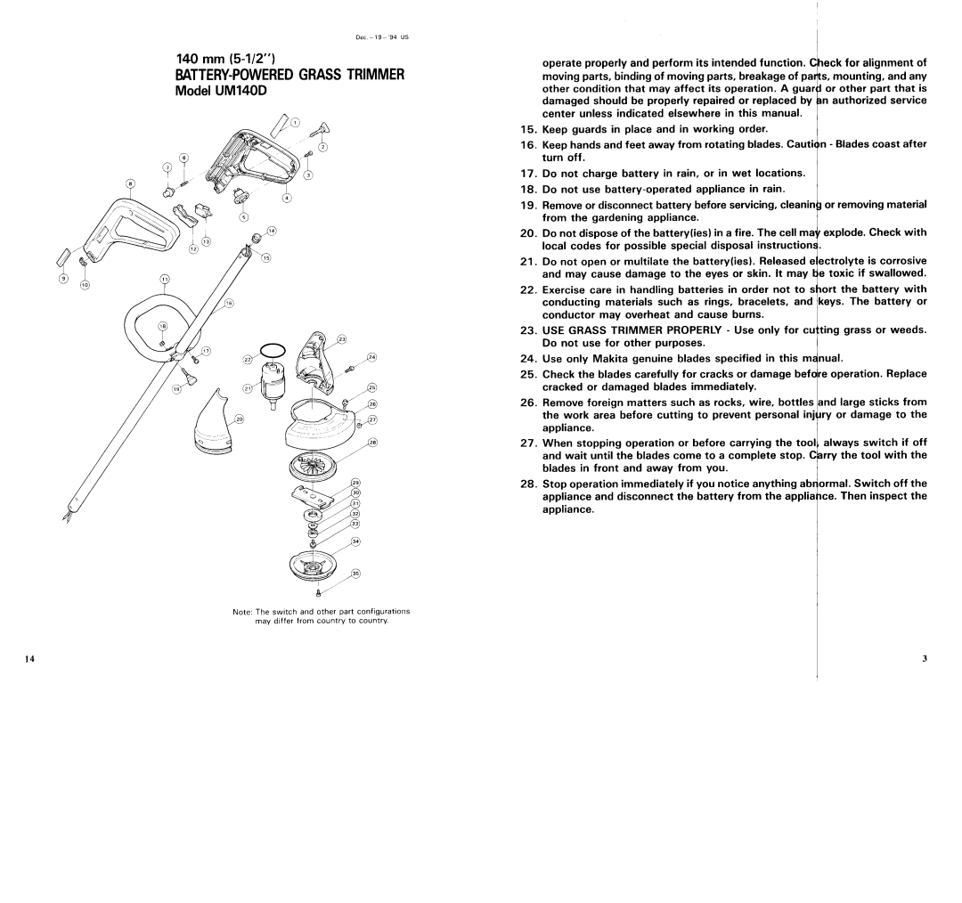 Makita UM140DST manual BATTERY-POWERED Grass Trimmer 