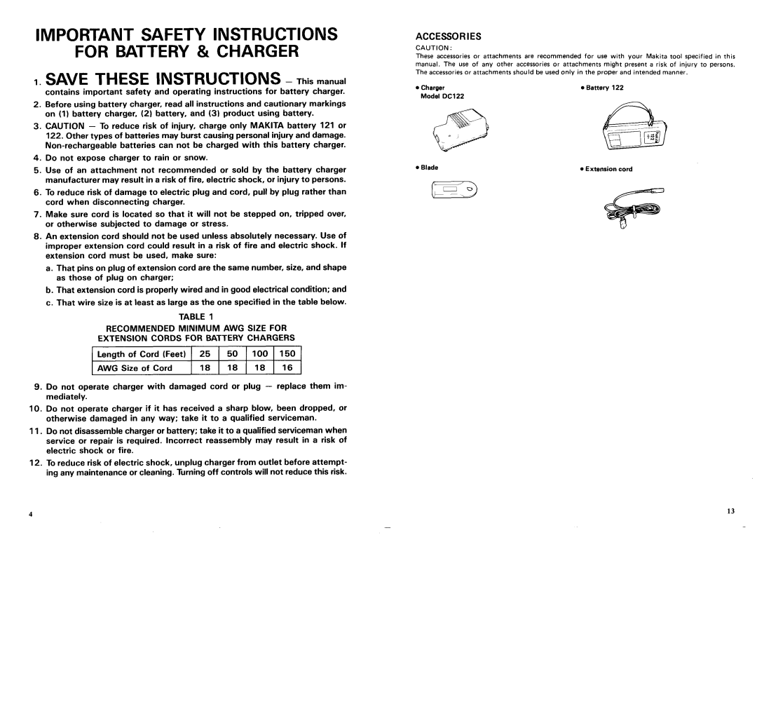 Makita UM140DST manual Important Safety Instructions For Battery & Charger 