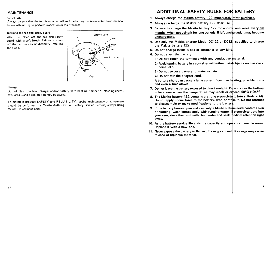 Makita UM140DST manual Cleaning the cap and safety guard, Storage 