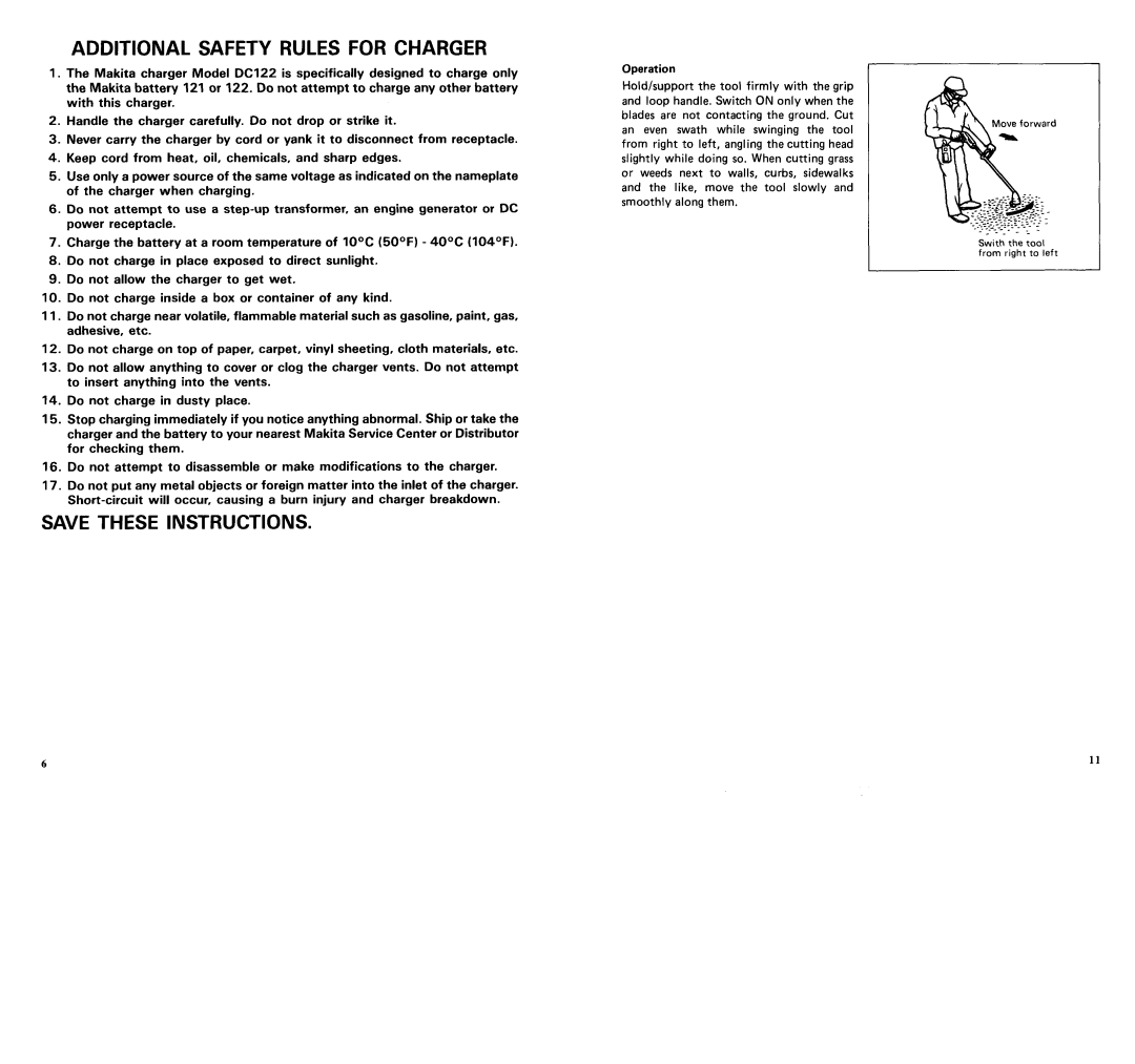 Makita UM140DST manual Additional Safety Rules for Charger, Operation 