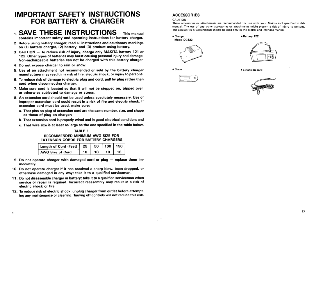 Makita UM140DST Important Safety Instructions, For Battery & Charger, SAVE THESE INSTRUCTIONS - This manual, Accessories 