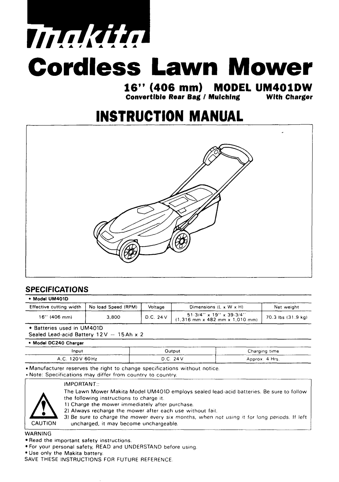 Makita UM40LDW specifications 16 406 mm Model UM40lDW, Convertlble Rear Bag I Mulching With Charger 