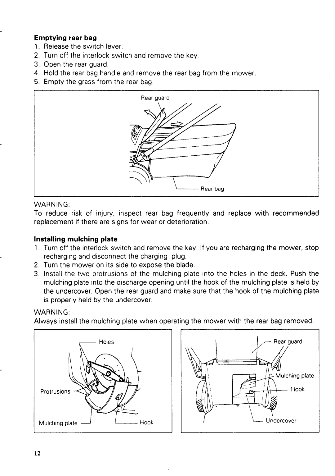 Makita UM40LDW specifications Emptying rear bag, Installing mulching plate 