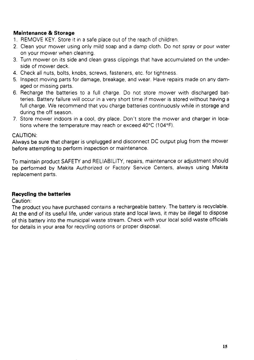 Makita UM40LDW specifications Maintenance & Storage, Recyclingthe batteries 