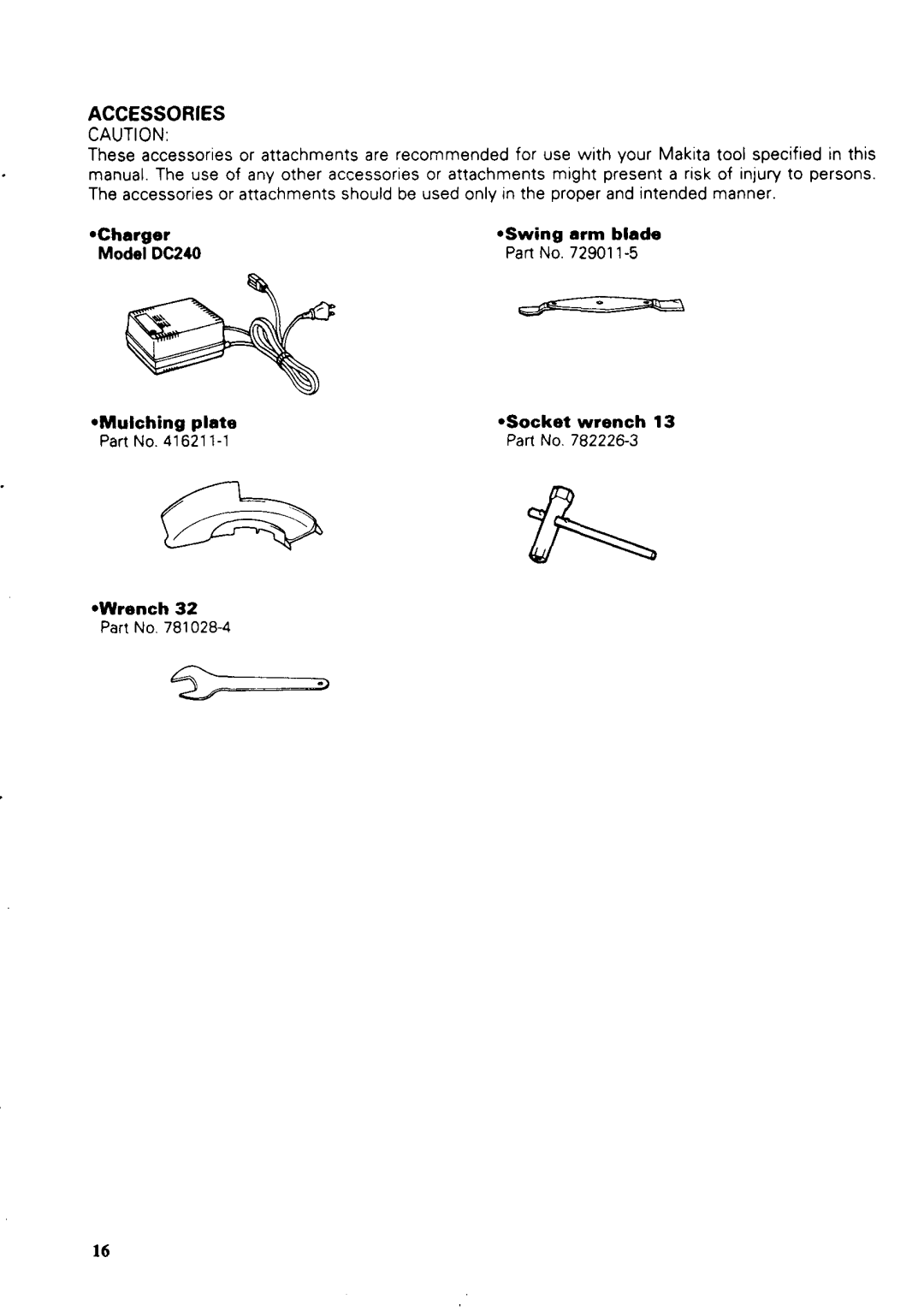 Makita UM40LDW specifications Charger Swing arm blade, Mulching plate Socket wrench, Wrench 