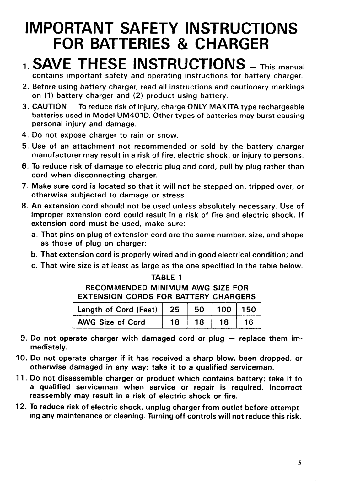 Makita UM40LDW specifications Important Safety Instructions For Batteries & Charger 