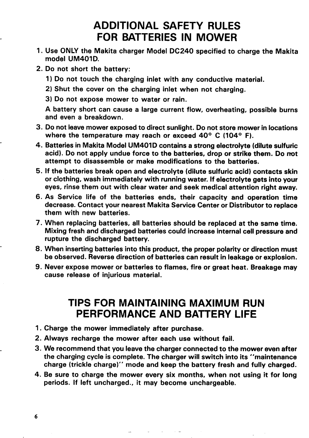 Makita UM40LDW specifications Additional Safety Rules For Batteries in Mower 