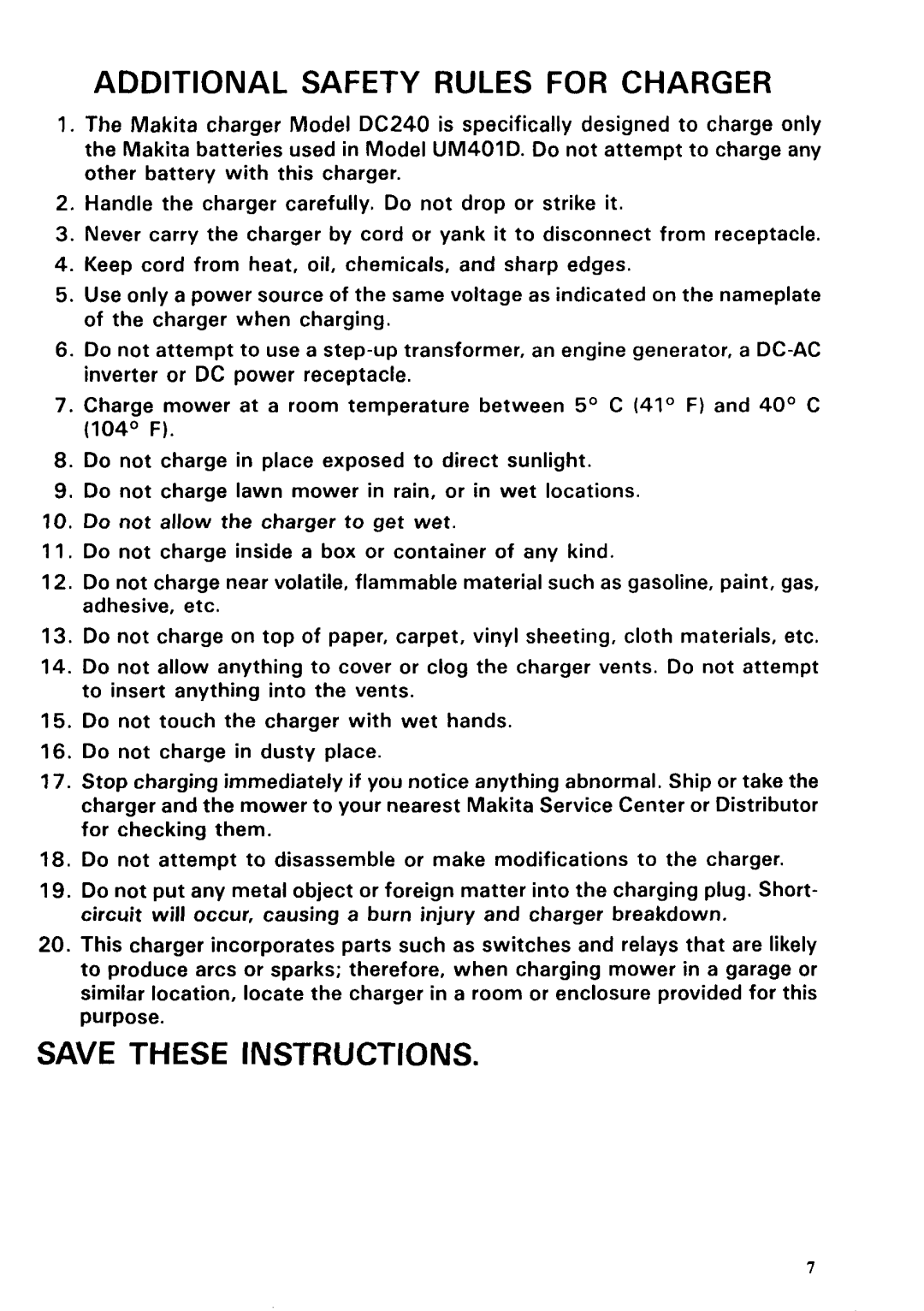 Makita UM40LDW specifications Additional Safety Rules for Charger 