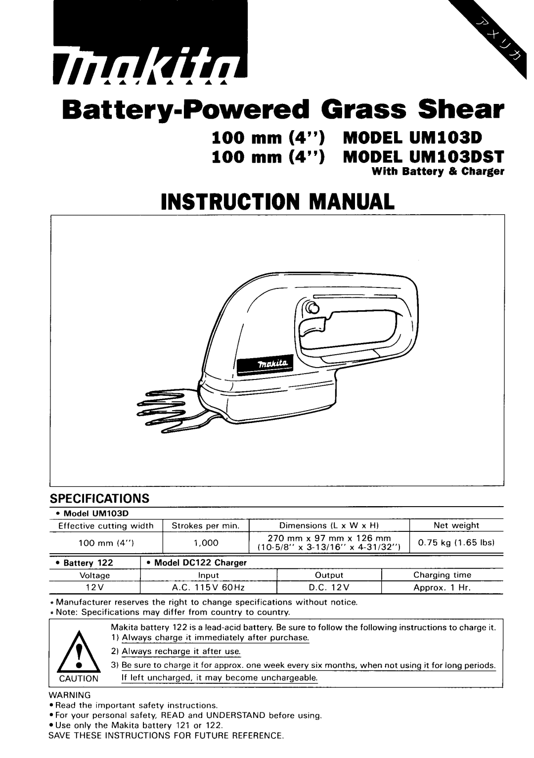 Makita UML03DST instruction manual Battery-Powered Grass Shear 