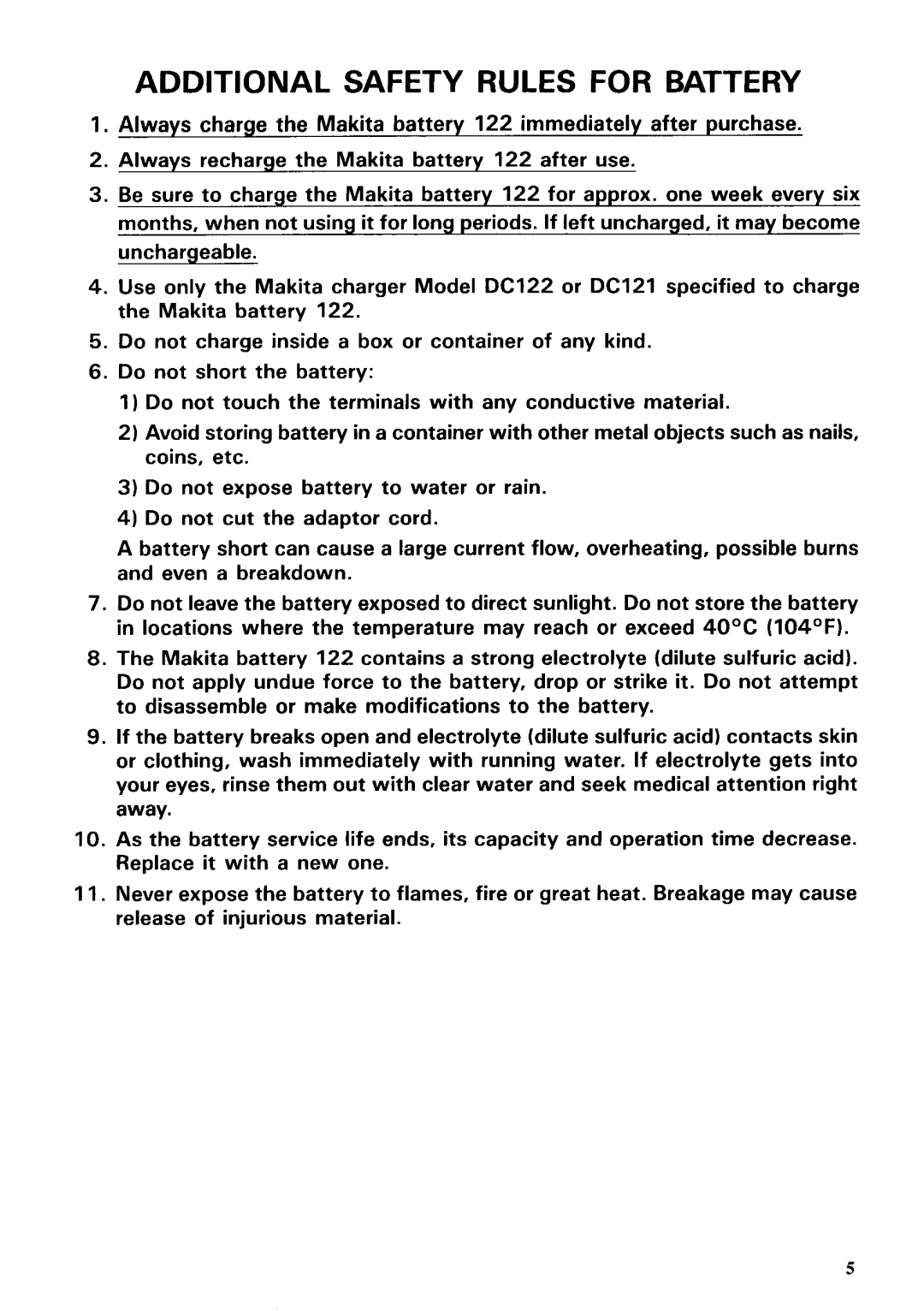 Makita UML03DST instruction manual Additional Safety Rules for Battery 