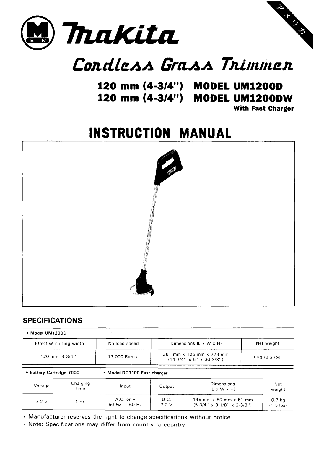 Makita UMLZOODW specifications Instruction Manual, With Fast Charger, 120 mm 4-314 MODEL UMlZOODW, SPECIFI CATI 0NS, m m 