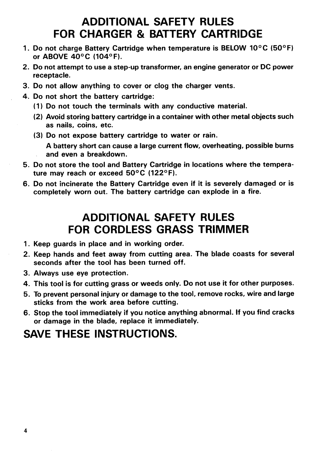 Makita UML2OOD Additional Safety Rules For Charger & Battery Cartridge, Additional Safety Rules For Cordless Grass Trimmer 