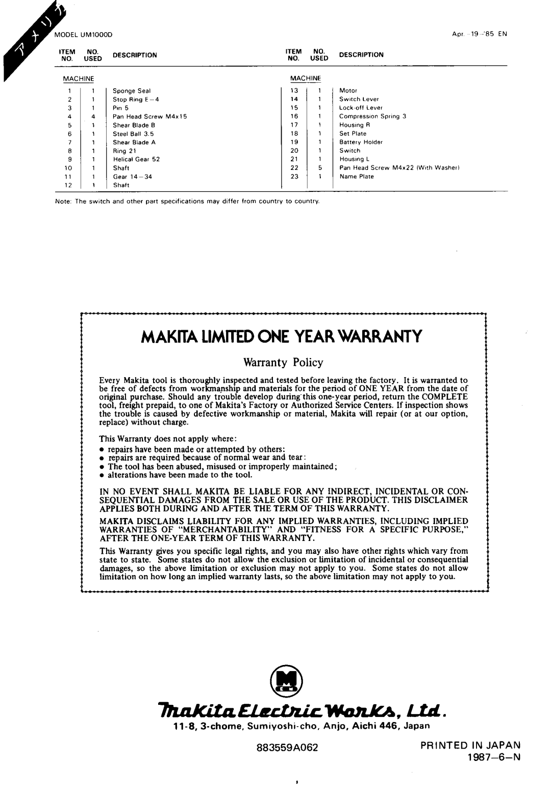 Makita UMLOOODW manual MAKIIA LlMmEDONE YEARWARRANTY, Warranty Policy, chome. Sumiyorhi-cho. Anjo, Aichi 446, Japan 