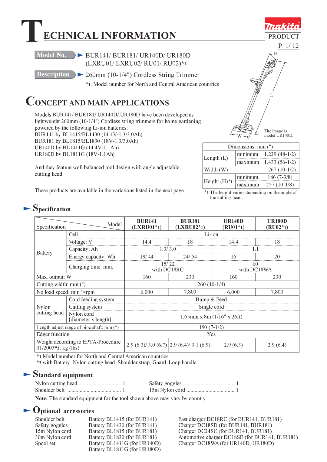 Makita UR180D, UR140D, BUR141, BUR181 dimensions Specification, Standard equipment, Optional accessories 