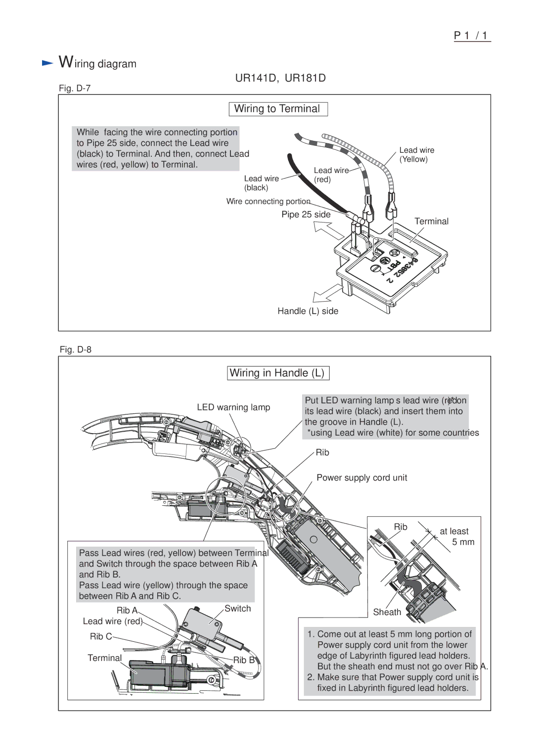 Makita UR140D, UR180D, BUR141, BUR181 dimensions Fig. D-7, Fig. D-8 