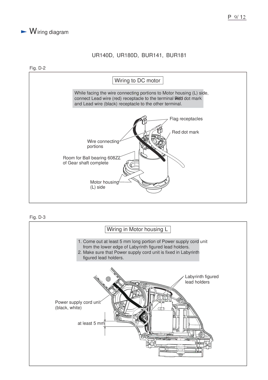 Makita Wiring diagram UR140D, UR180D, BUR141, BUR181, Wiring to DC motor, Wiring in Motor housing L, Red dot mark 