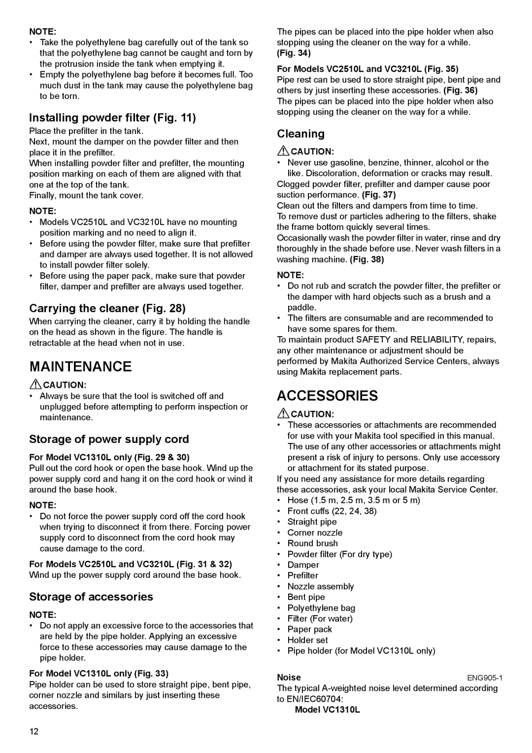 Makita VC2510L, VC3210L, VC1310L instruction manual Maintenance, Accessories 