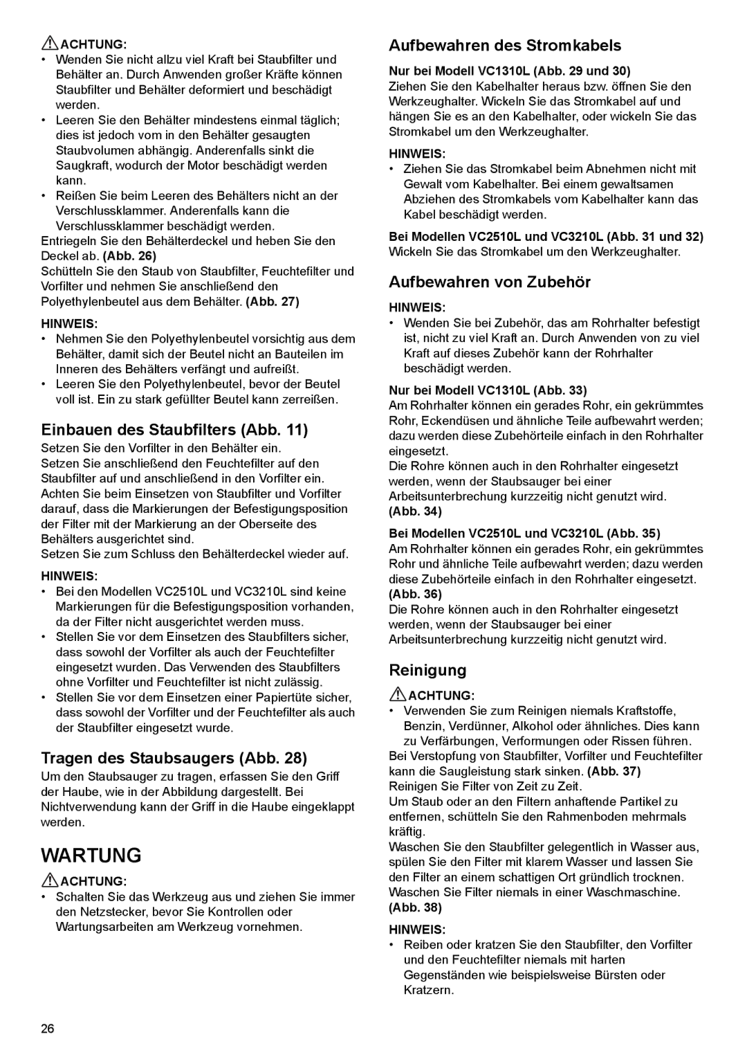 Makita VC1310L, VC2510L, VC3210L instruction manual Wartung 