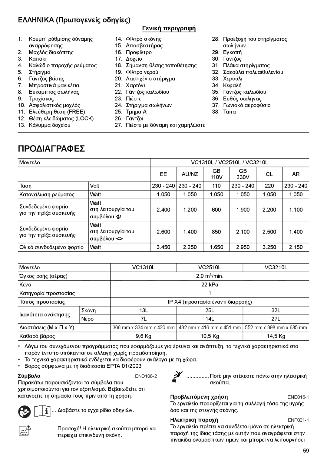 Makita VC1310L, VC2510L, VC3210L instruction manual Προδιαγραφεσ, Ελληνικα Πρωτογενείς οδηγίες, Γενική περιγραφή 