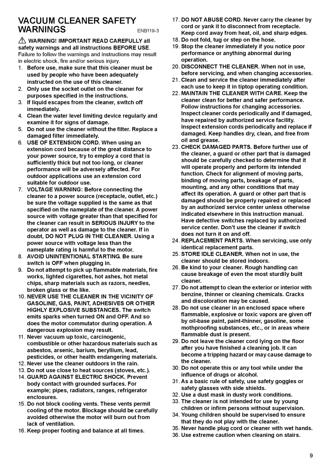 Makita VC2510L, VC3210L, VC1310L instruction manual Vacuum Cleaner Safety 