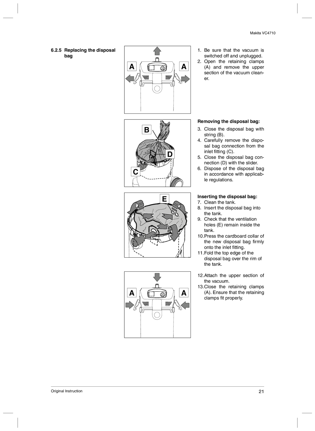 Makita VC4710 manual Replacing the disposal bag, Removing the disposal bag, Inserting the disposal bag 