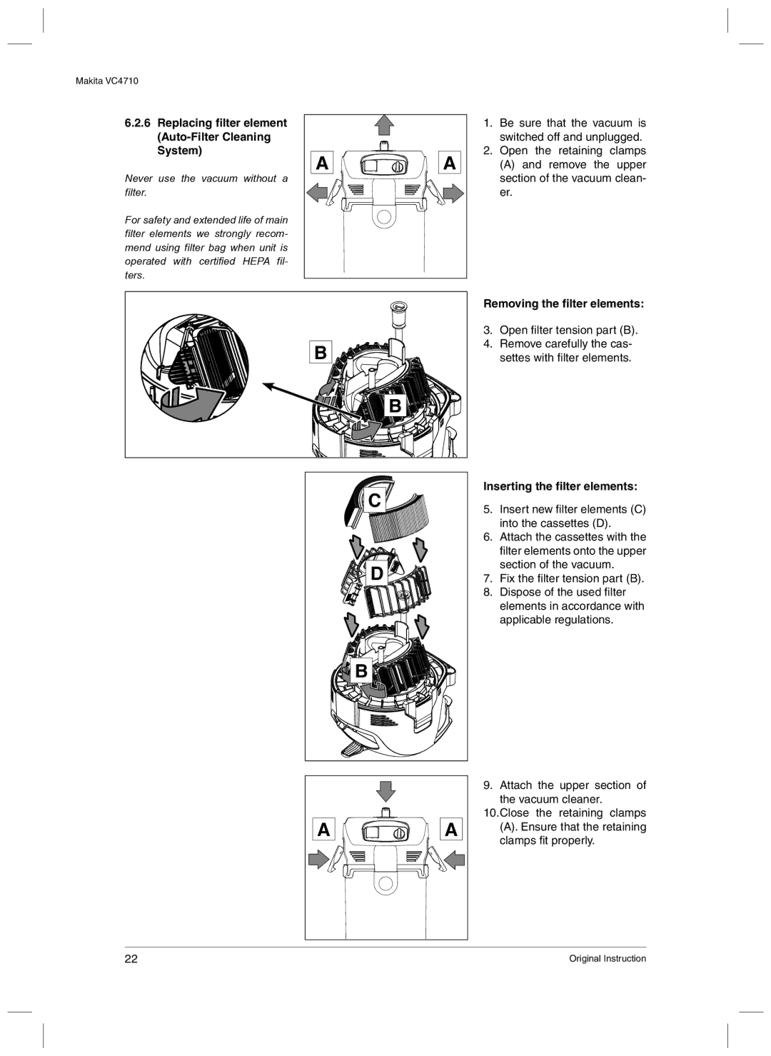 Makita VC4710 manual Replacing filter element Auto-Filter Cleaning System, Removing the filter elements 