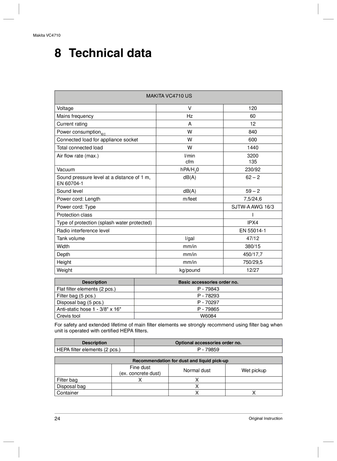 Makita VC4710 manual Technical data, Description, Recommendation for dust and liquid pick-up 