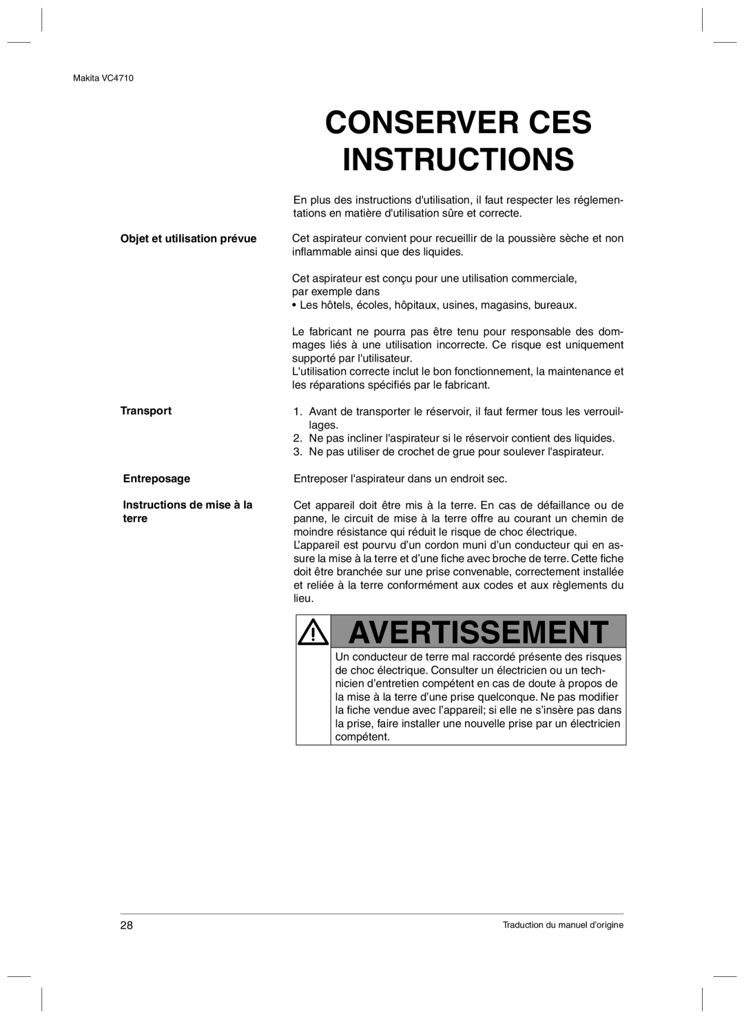 Makita VC4710 manual Conserver CES Instructions 