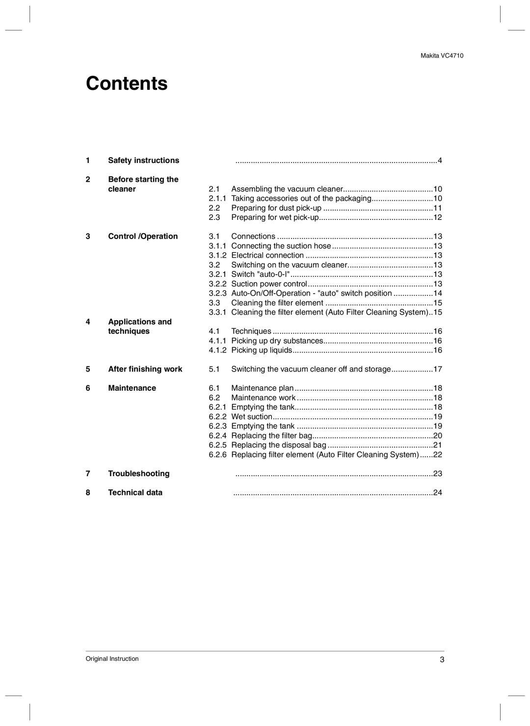 Makita VC4710 manual Contents 