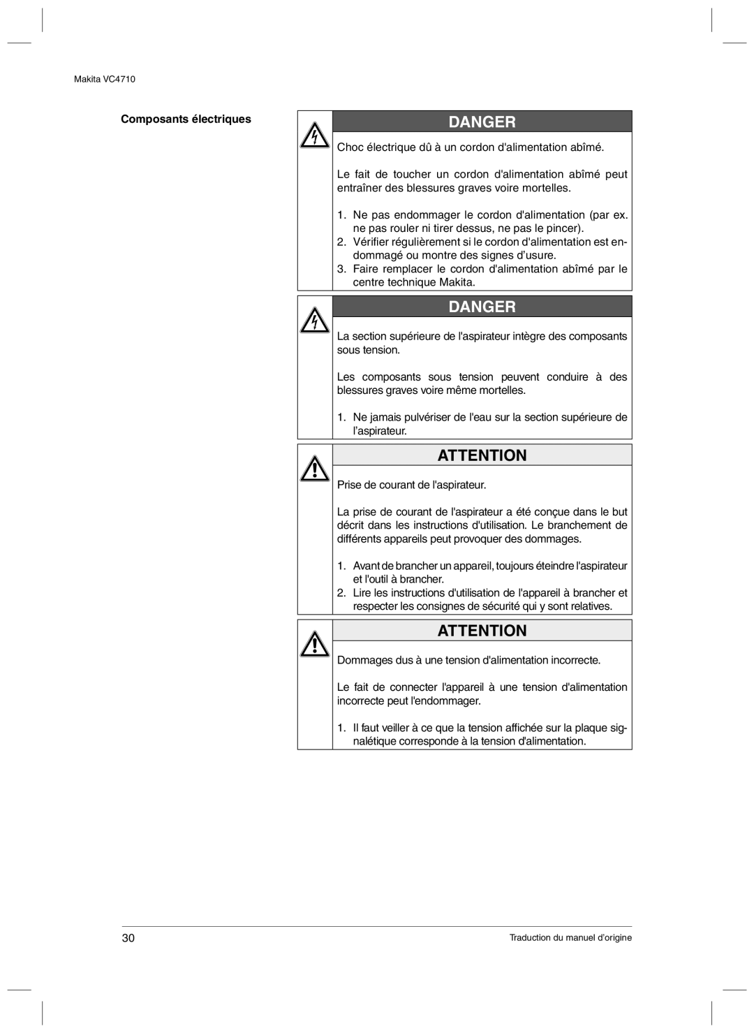 Makita VC4710 manual Composants électriques 