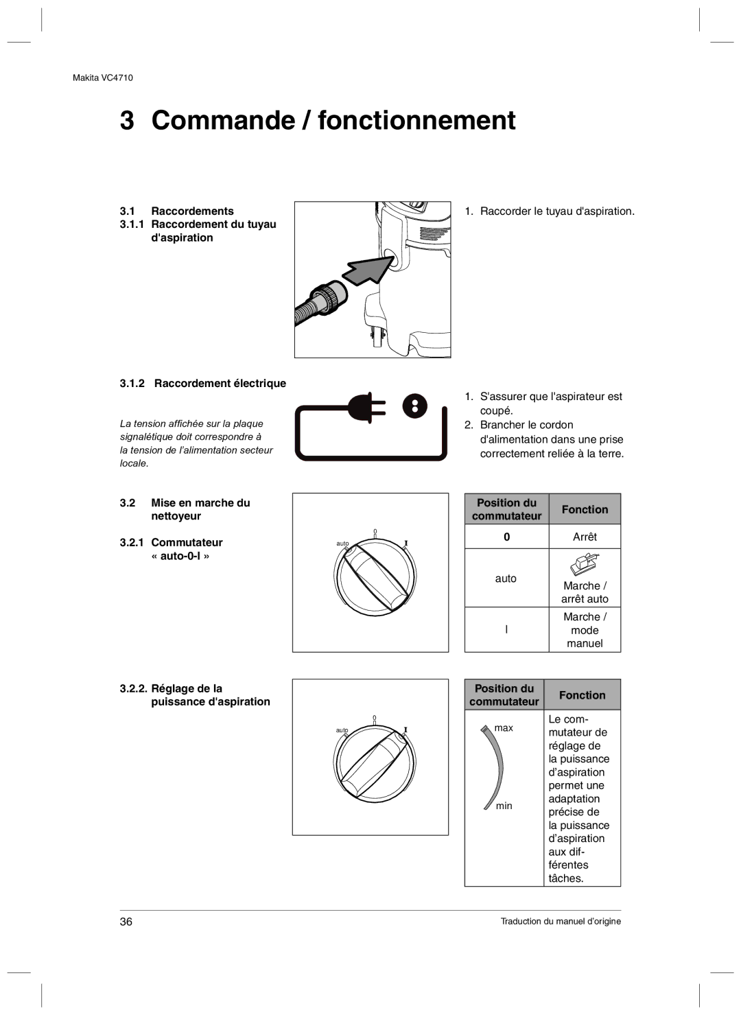 Makita VC4710 manual Commande / fonctionnement, Position du Fonction Commutateur 