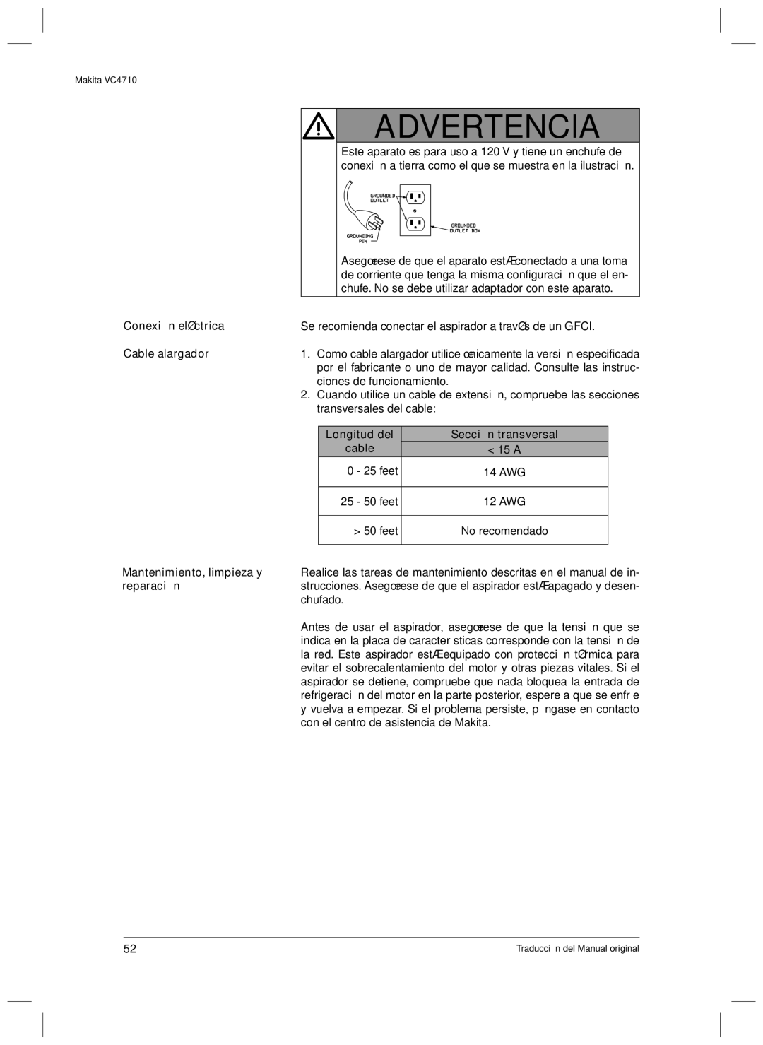 Makita VC4710 Conexión eléctrica, Cable alargador, Longitud del Sección transversal Cable 15 a, Mantenimiento, limpieza y 