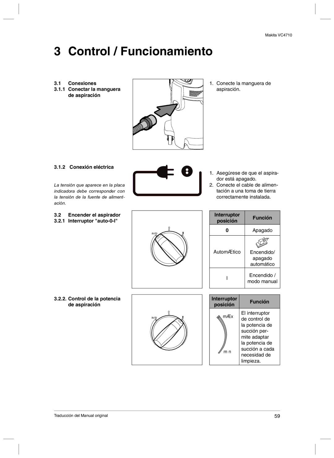 Makita VC4710 manual Control / Funcionamiento, Automático, Interruptor Función Posición Máx, Mín 