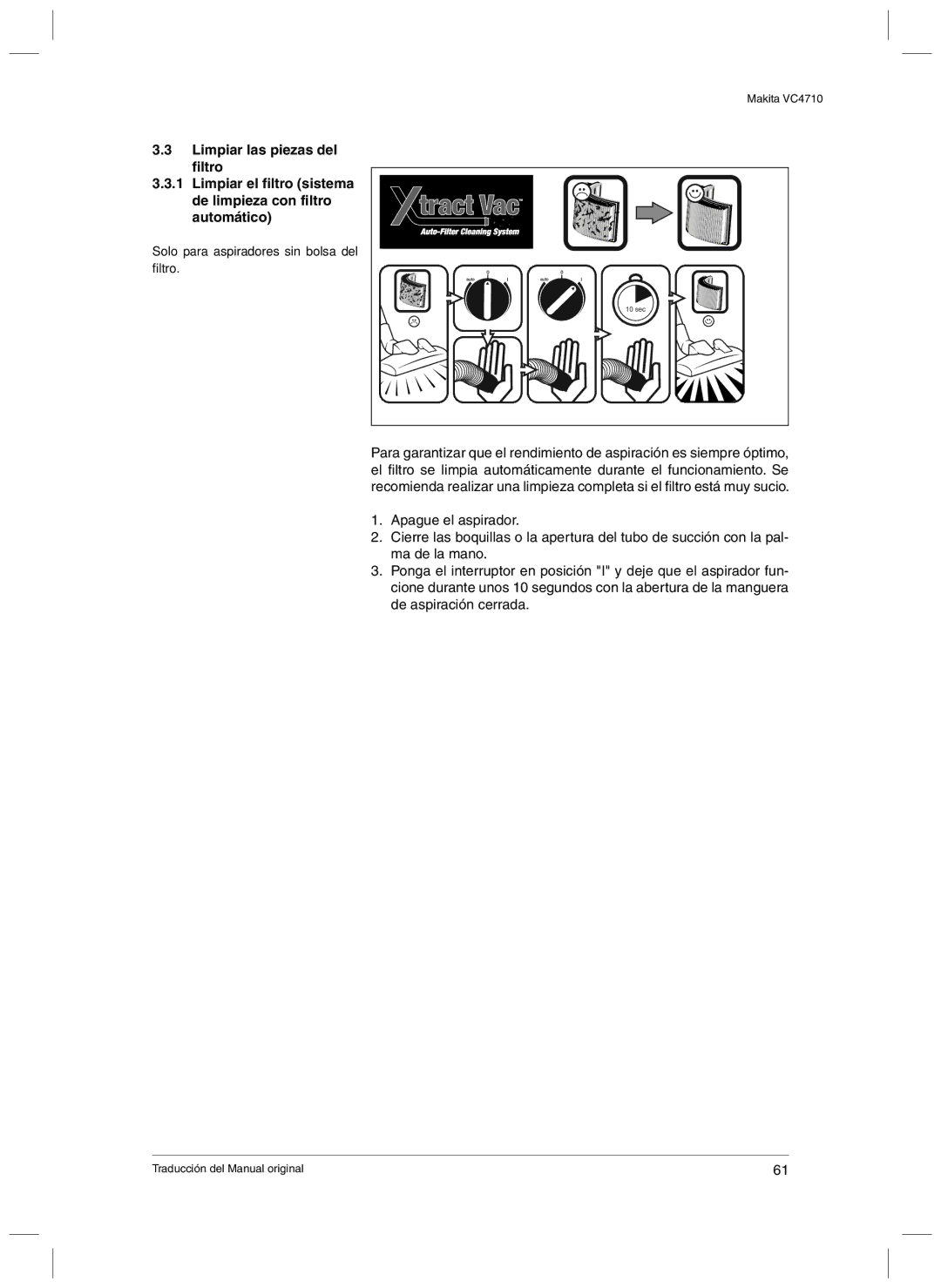 Makita VC4710 manual Solo para aspiradores sin bolsa del filtro 