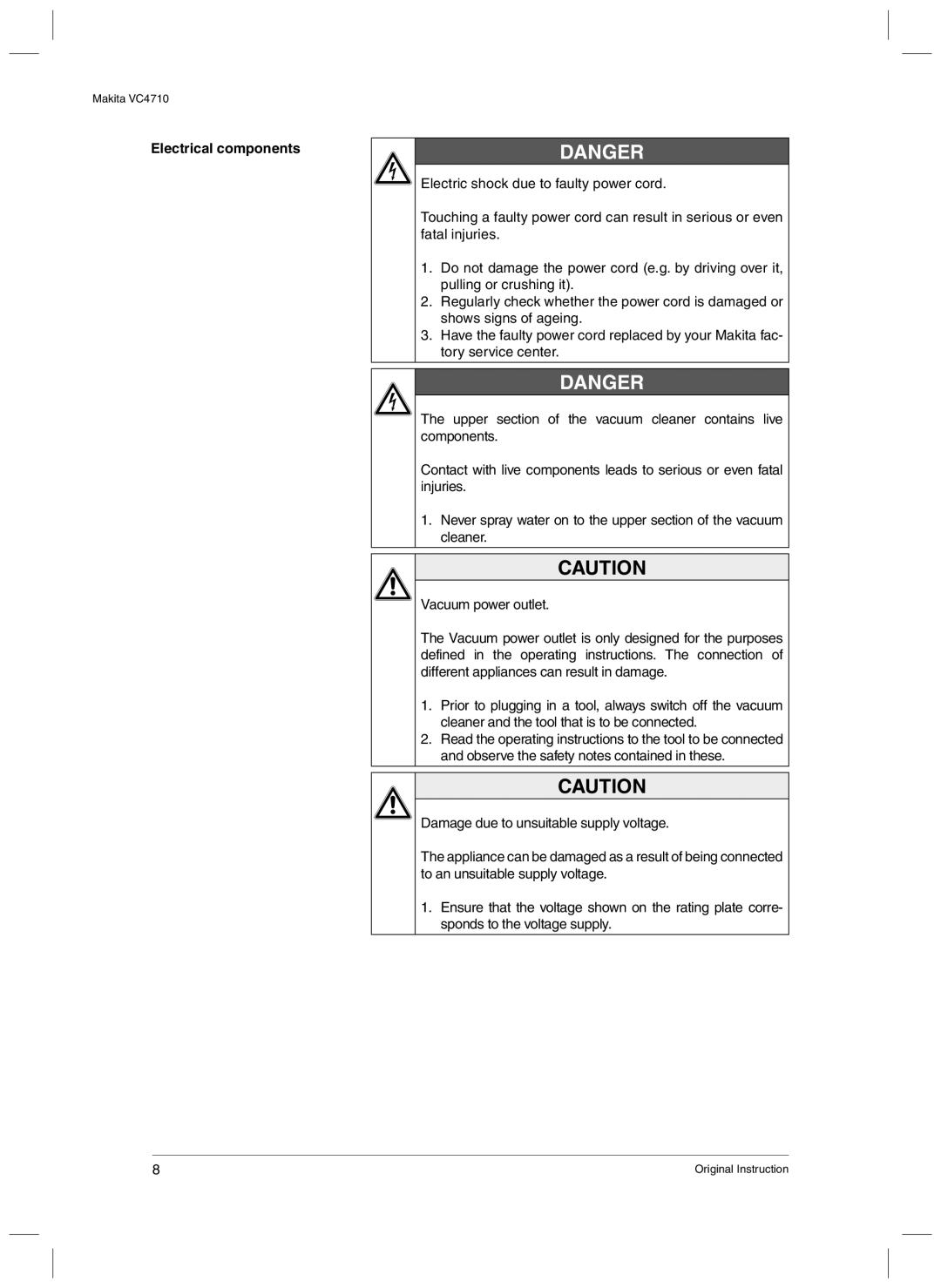 Makita VC4710 manual Electrical components 