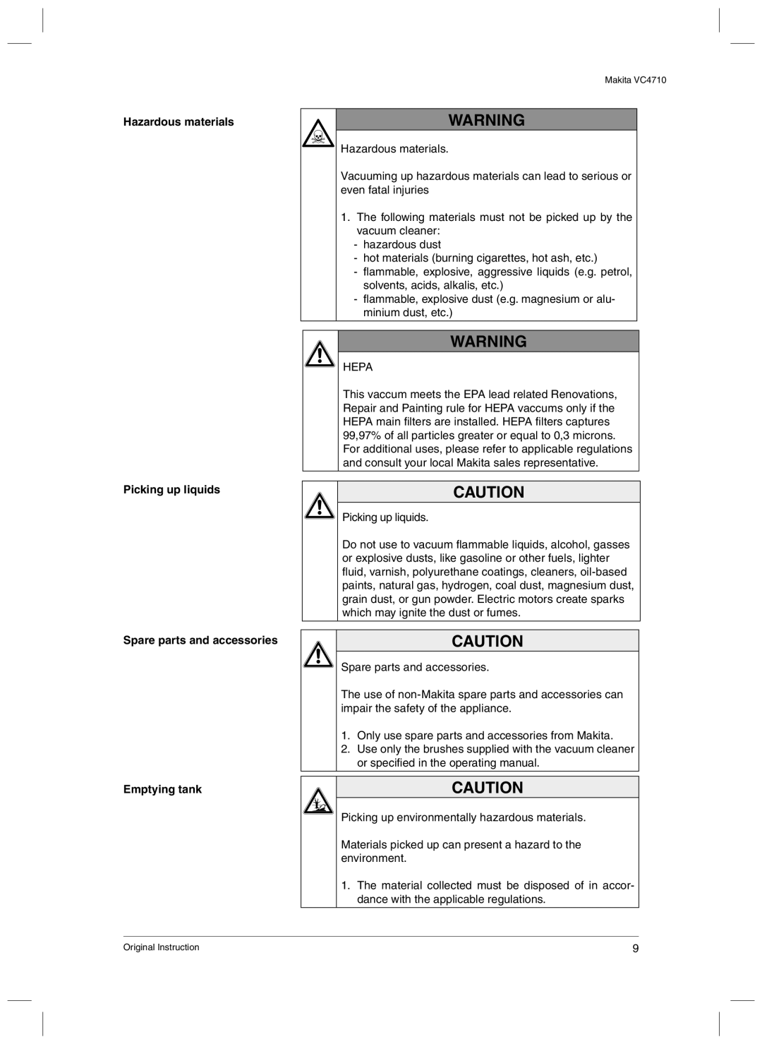 Makita VC4710 manual Hepa 