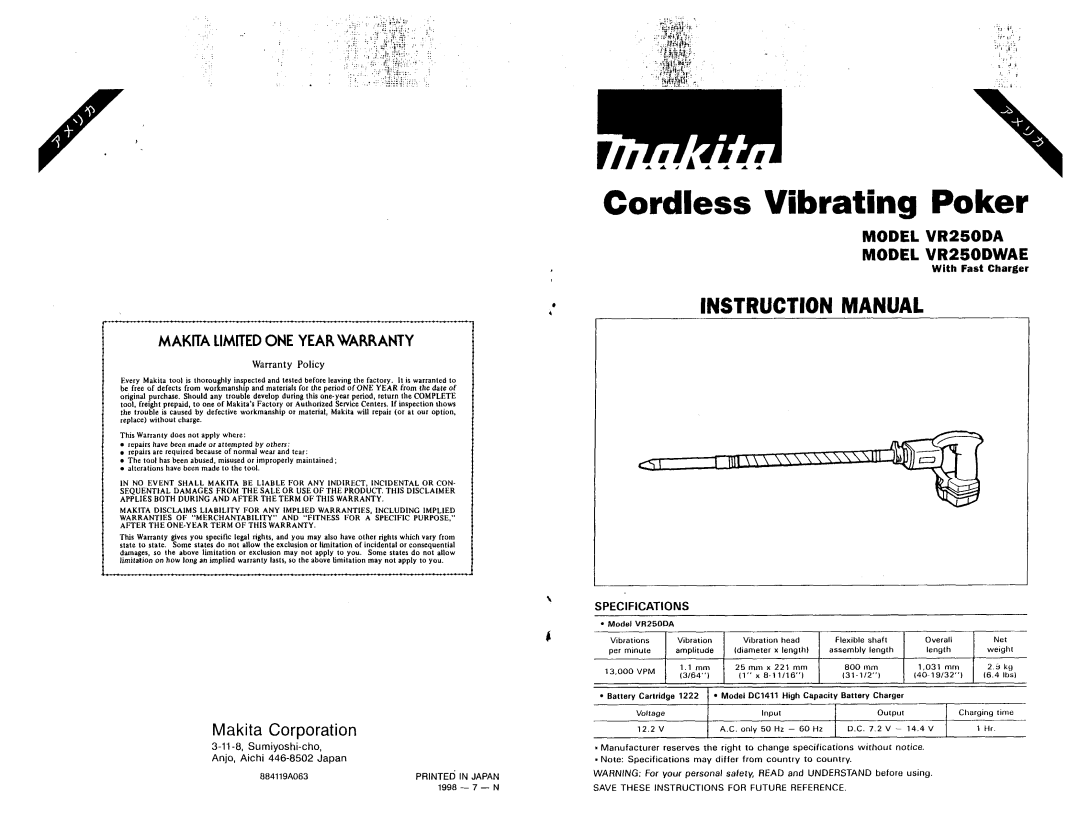 Makita VR250DA, VR250DWAE warranty 3j6T.y, With Fast Charger, Specifications 