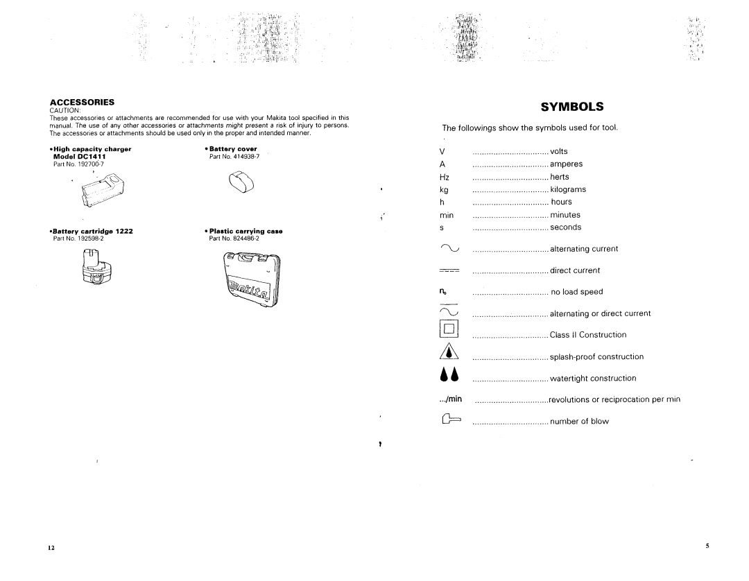 Makita VR250DA, VR250DWAE warranty Symbols, Followings show the symbols used for tool 