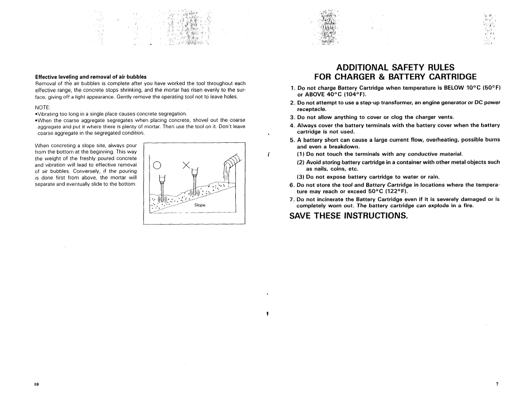 Makita VR250DA Additional Safety Rules For Charger & Battery Cartridge, Effective levepg and removal of air bubbles 