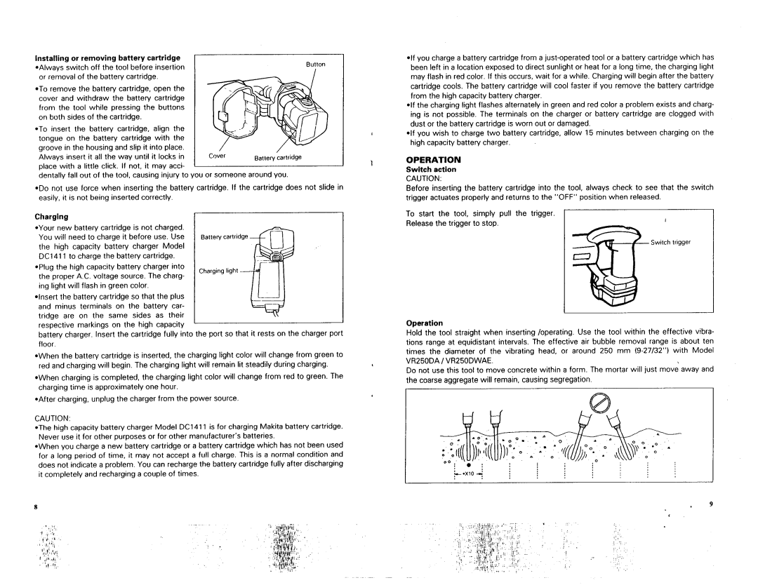 Makita VR250DWAE, VR250DA warranty Installing or removing battery cartridge, Switch action, Operation 