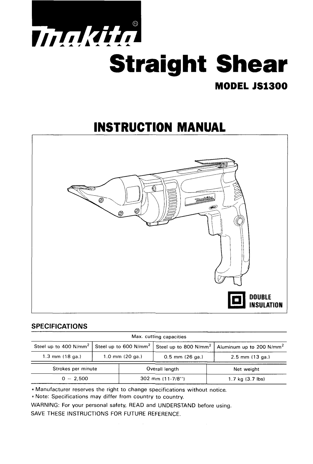 Makita WLAR-L11-L instruction manual MODEL JS1300, Straight Shear 