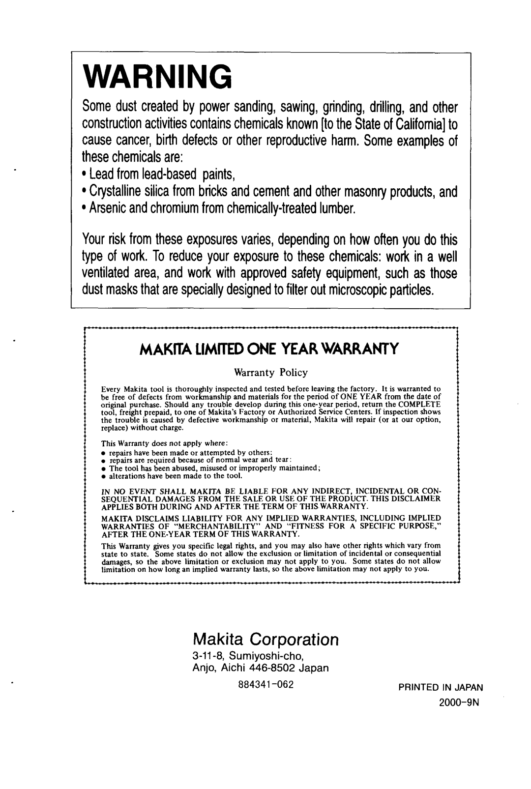 Makita WLAR-L11-L instruction manual Makita Corporation, MAKmA LIMITED ONE YEAR WARRANTY, Lead from lead-based paints 