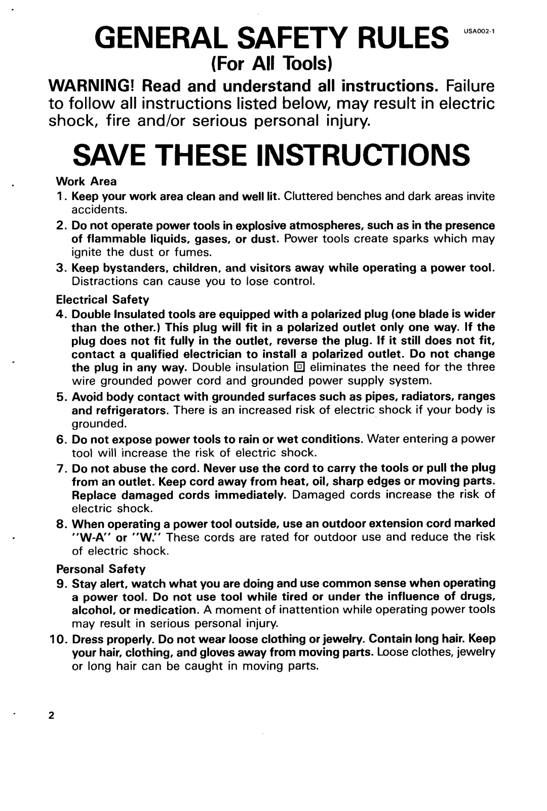 Makita WLAR-L11-L instruction manual GENERAL SAFETY RULES USA002-1, Save These Instructions, For All Tools 