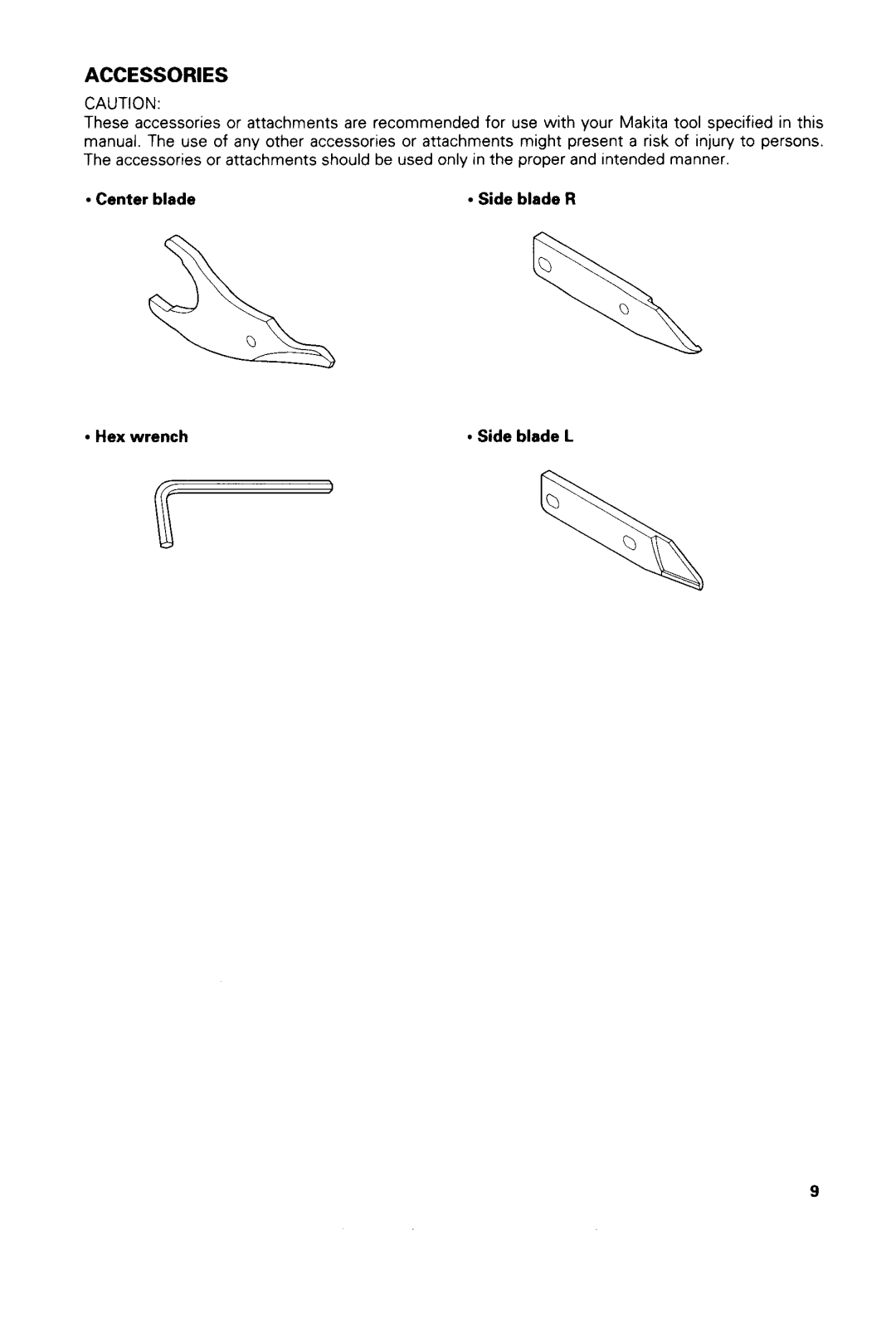 Makita WLAR-L11-L Accessories, tool specified in this of injury to persons manner, Center blade, Hex wrench, Side blade R 